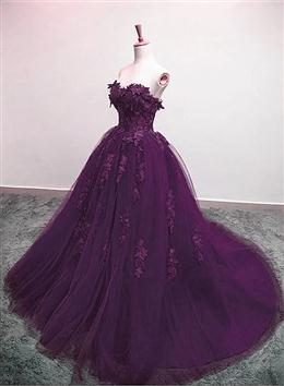 Picture of Charming Ball Gown Purple Tulle Sweetheart Lace Applique Formal Dresses, Purple Sweet 16 Dress